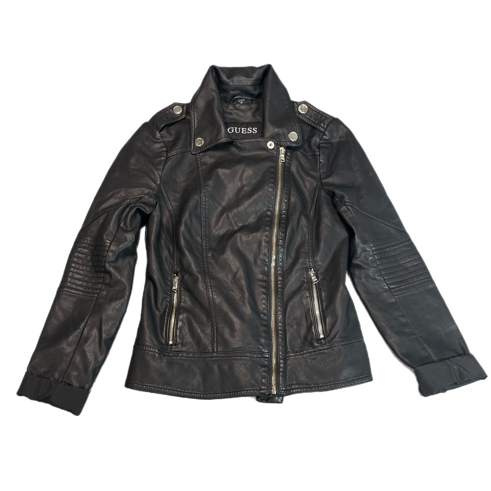 GUESS Womens Black Faux Leather Moto Jacket Asymmetrical Zipper XS y2k VTG biker
